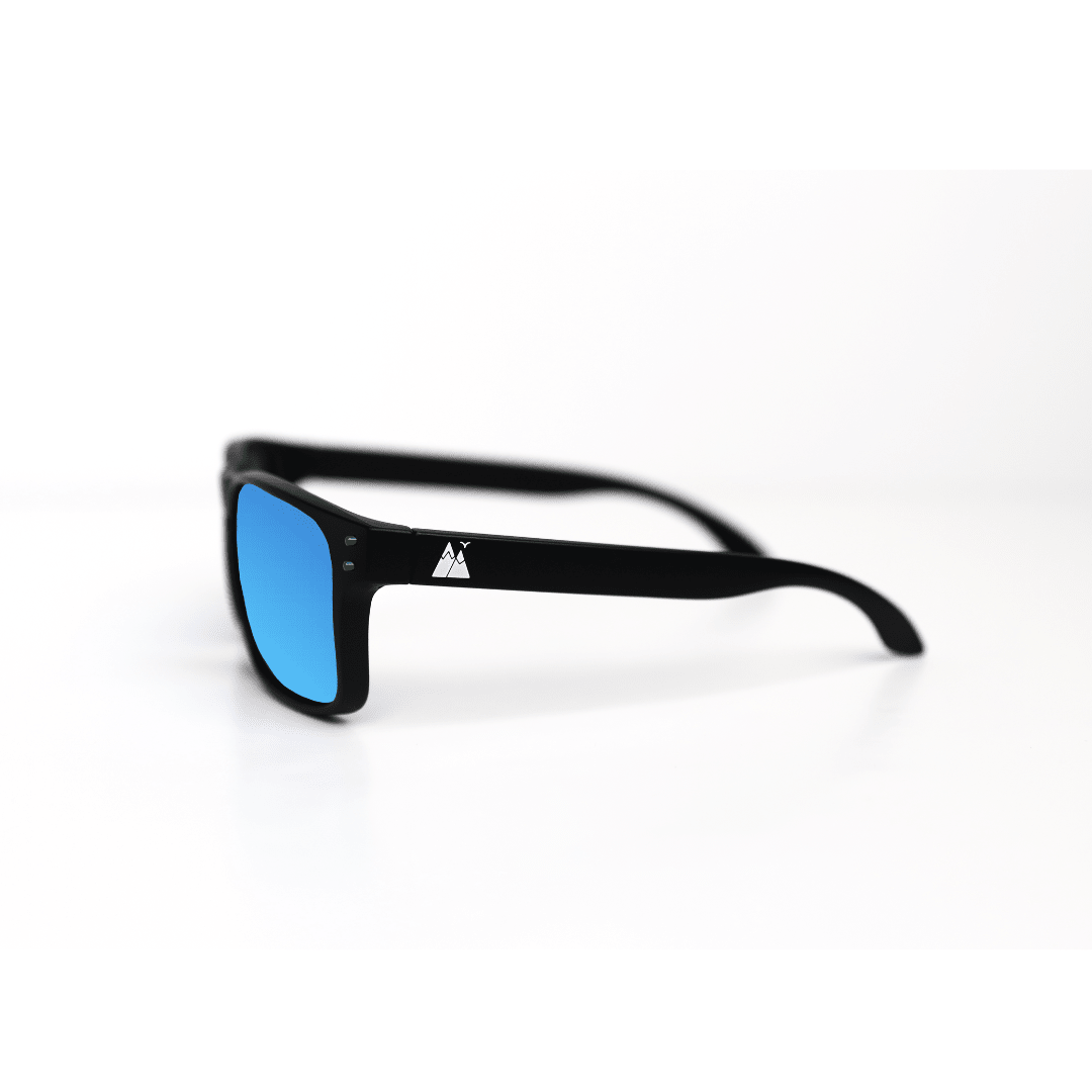 Blue HikeWare UV400 polarized sunglasses shown from the side, showcasing their sleek frame and tinted lenses.