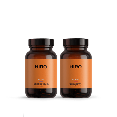 HIRO Beauty and Sleep bundle featuring skincare and sleep aids in sleek packaging, designed for restful nights and healthy skin.