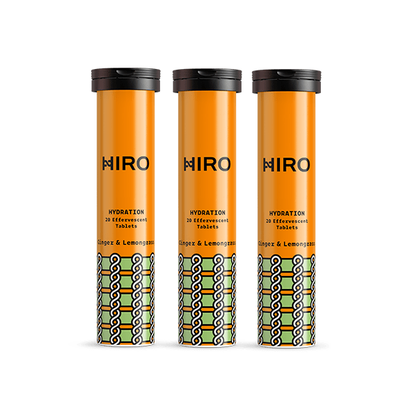 HIRO Ginger and Lemongrass hydration triple pack featuring three bottles with fresh ginger and lemongrass ingredients.