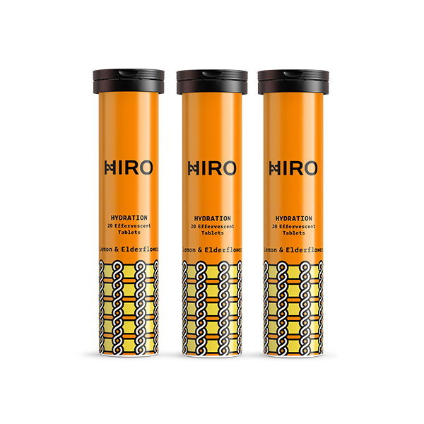 HIRO Lemon & Elderflower Hydration Triple Pack with three bottles, featuring refreshing lemon and elderflower flavor, ideal for hydration.