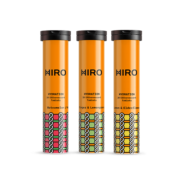 Assorted HIRO electrolyte hydration tablets in multi-flavour triple pack with colorful tablets and packaging.