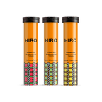 Assorted HIRO electrolyte hydration tablets in multi-flavour triple pack with colorful tablets and packaging.