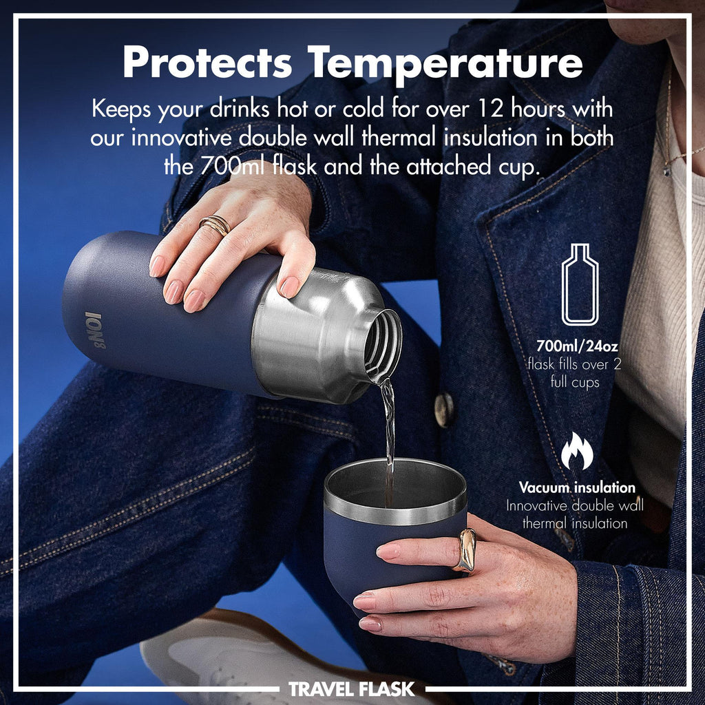 Ion8 Luma vacuum insulated flask and mug in ash navy, 700ml (24oz), with a sleek design and spill-proof lid.