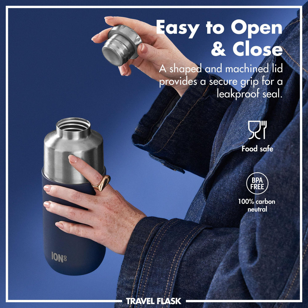Ion8 Luma vacuum insulated flask and mug in ash navy, 700ml (24oz), with sleek design and stainless steel finish