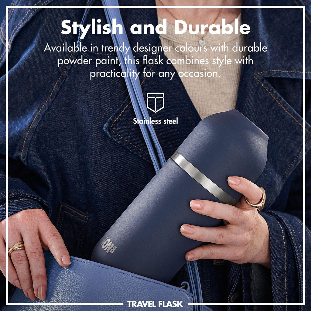 Luma vacuum insulated flask and mug by ION8 in ash navy, 700ml (24oz) with a sleek design and secure lid, suitable for hot and cold drinks.