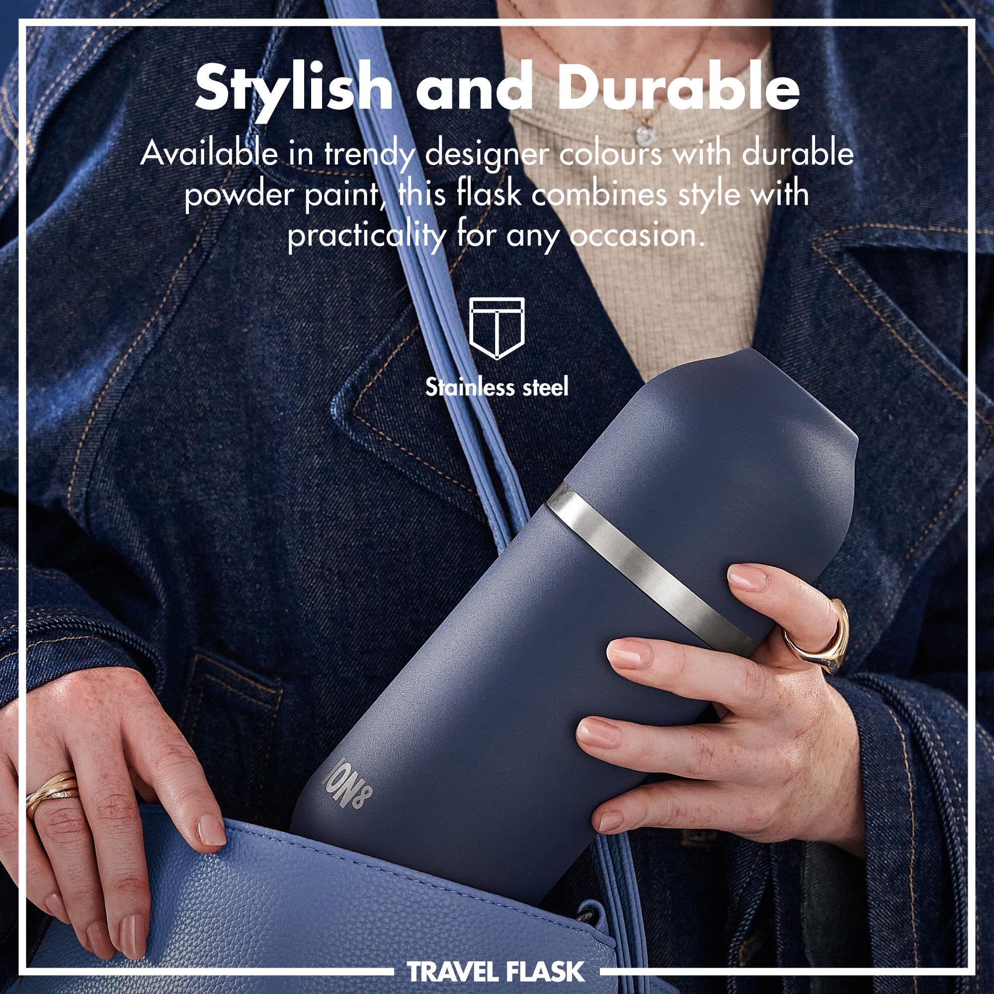 Luma vacuum insulated flask and mug by ION8 in ash navy, 700ml (24oz) with a sleek design and secure lid, suitable for hot and cold drinks.