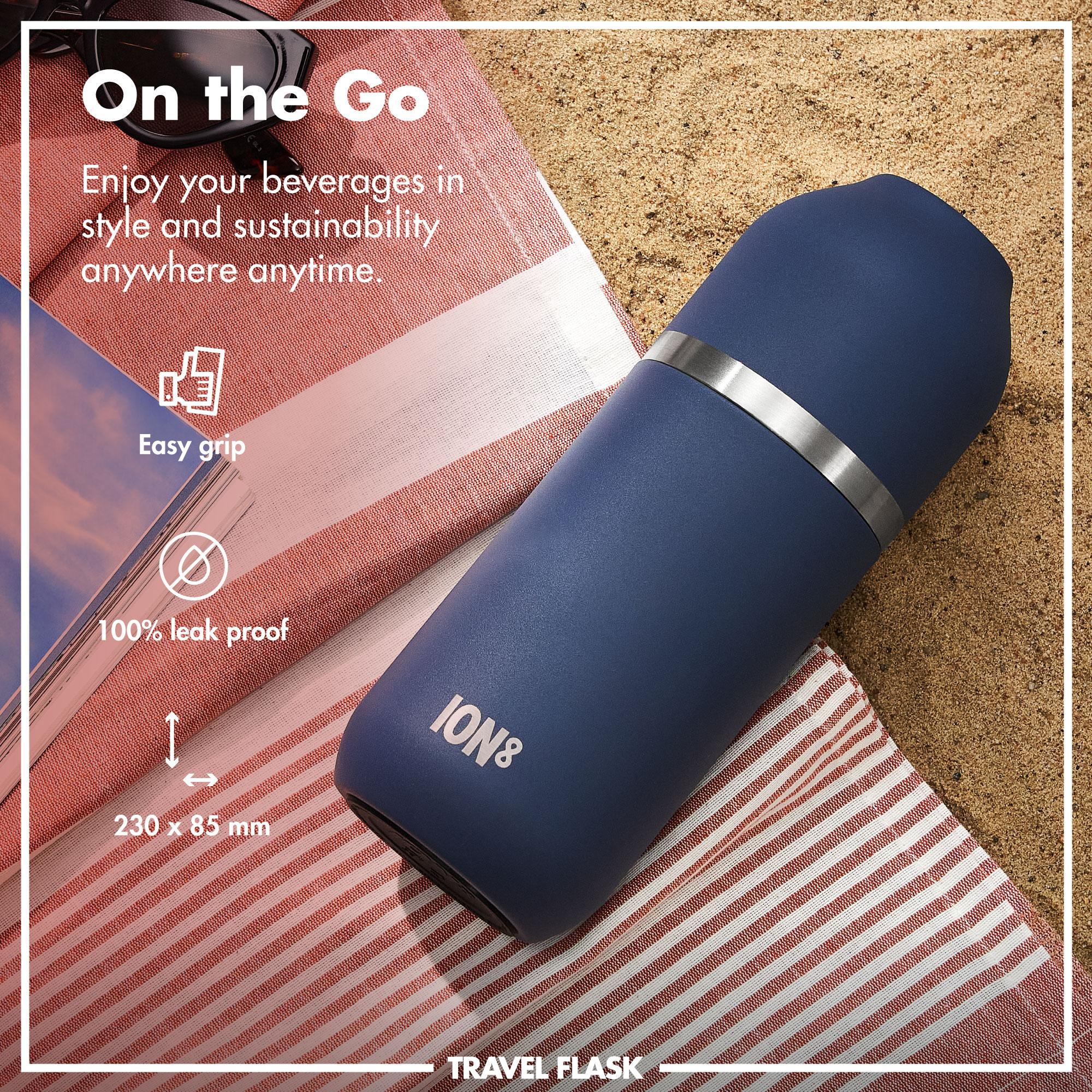Ion8 Luma vacuum insulated flask and mug in ash navy, 700ml (24oz), with sleek design and spill-proof lid on a white background.