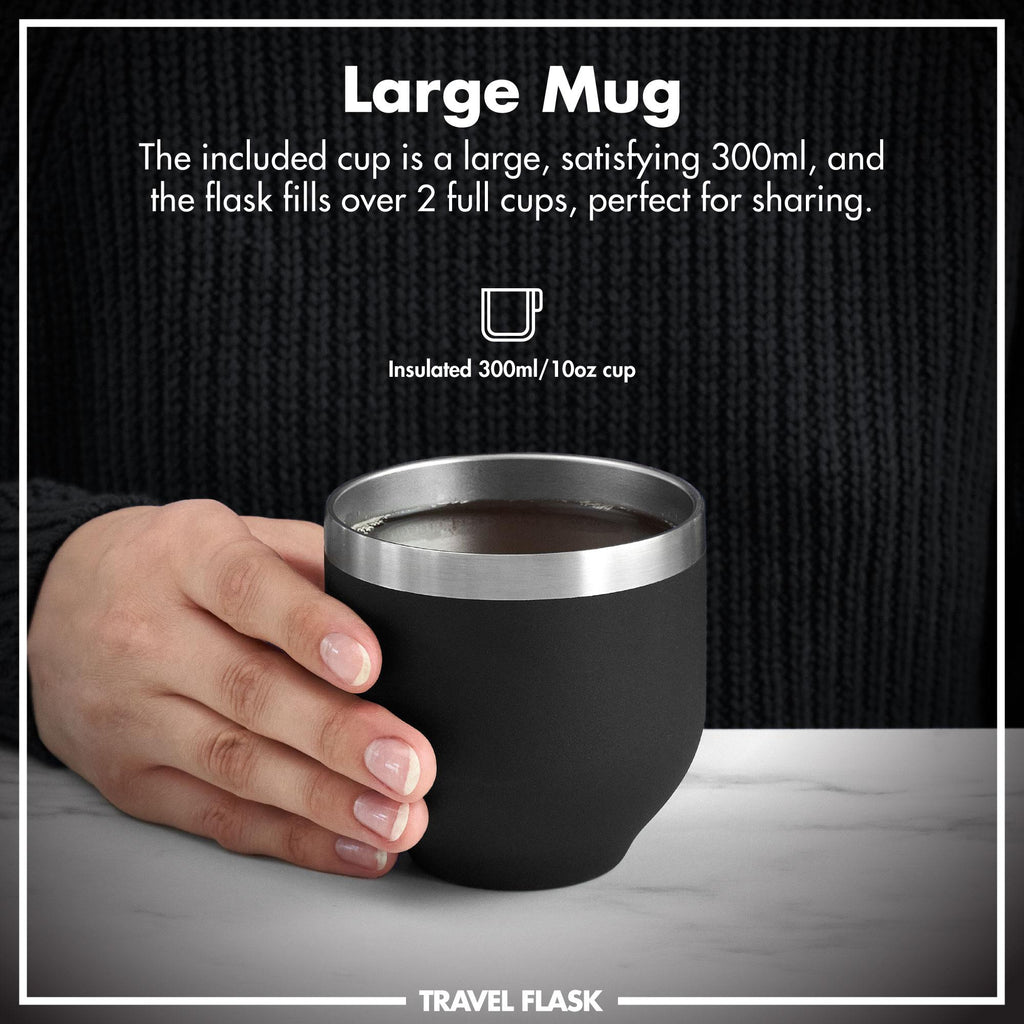 Black Luma vacuum insulated flask and mug by ION8, 700ml (24oz), showing sleek design and durable stainless steel construction.