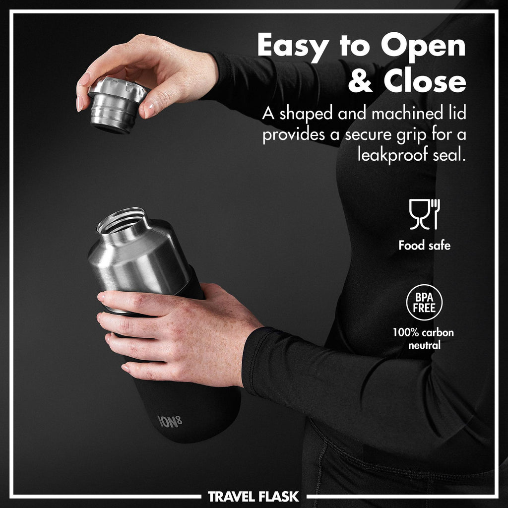 Black Luma vacuum insulated flask and mug by ION8, 700ml (24oz), showing sleek design and durable stainless steel construction.