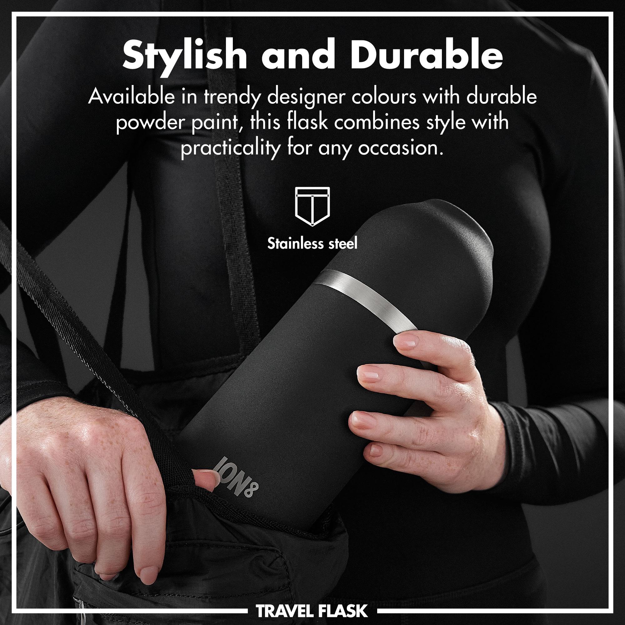 Black Luma vacuum insulated flask and mug by ION8, 700ml (24oz), showing a sleek stainless steel design with a secure lid.