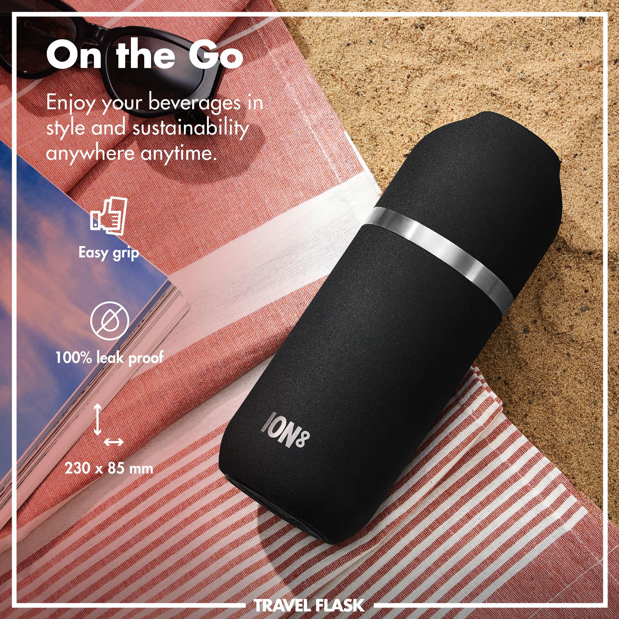 Black Luma vacuum insulated flask and mug by ION8, 700ml (24oz), with sleek design and secure lid for hot or cold beverages.
