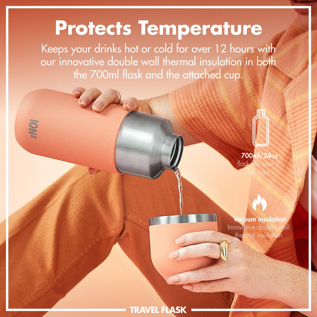 ION8 Luma vacuum insulated flask and mug in coral, 700ml (24oz), durable stainless steel design with lid and handle.