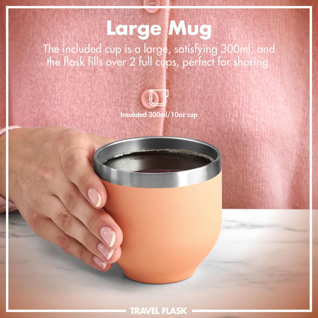 Ion8 Luma vacuum insulated flask and mug in coral, 700ml (24oz), featuring a sleek design for hot and cold beverages.