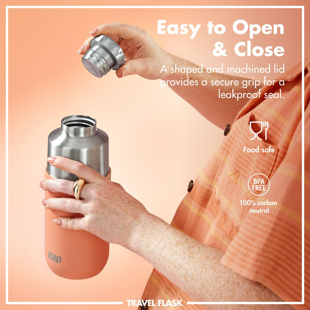 ION8 Luma vacuum-insulated flask and mug in coral, 700ml (24oz), showing the sleek design and stainless steel construction.