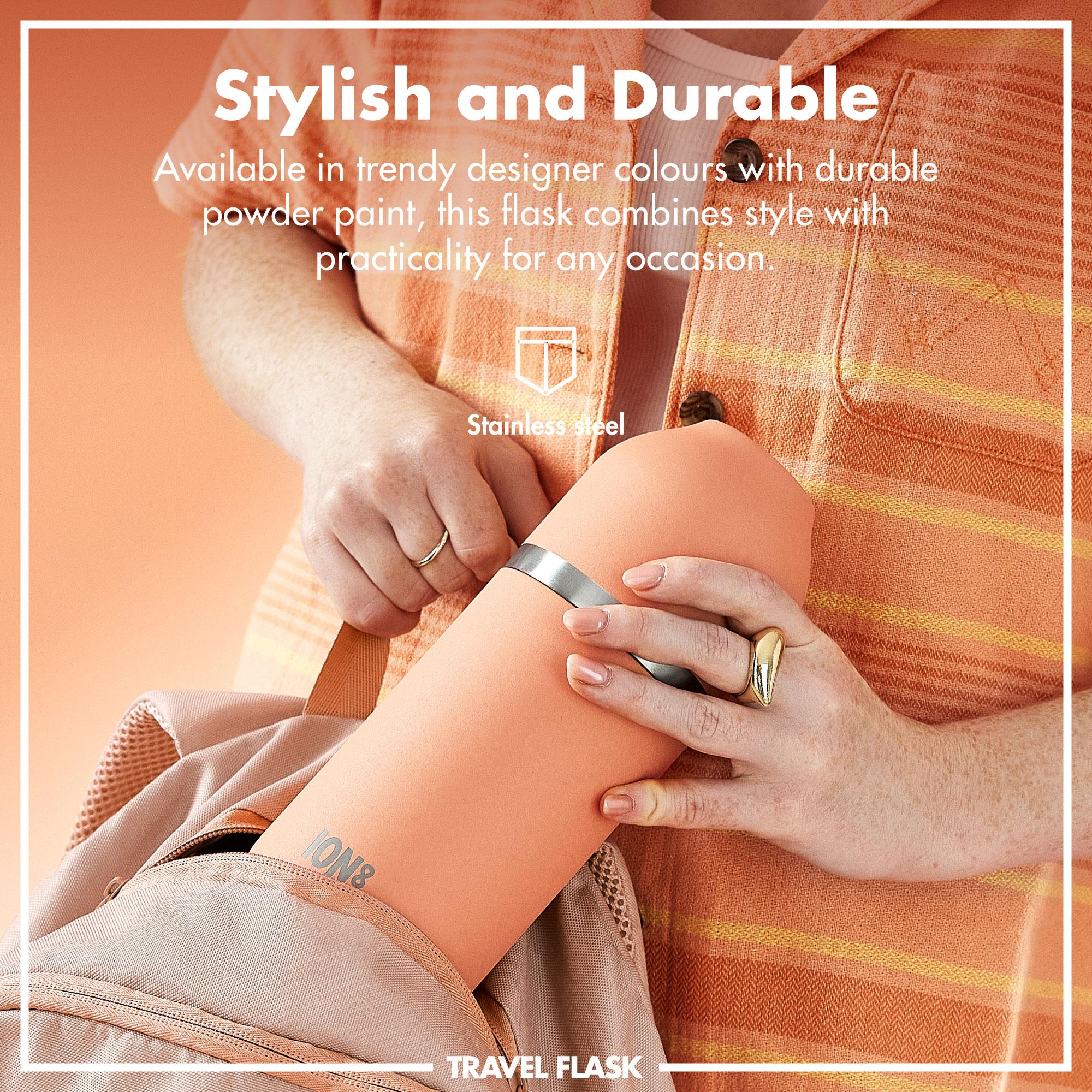 ION8 Luma vacuum insulated 24oz flask and mug in coral, sleek stainless steel design with a lid and handle for hot or cold drinks