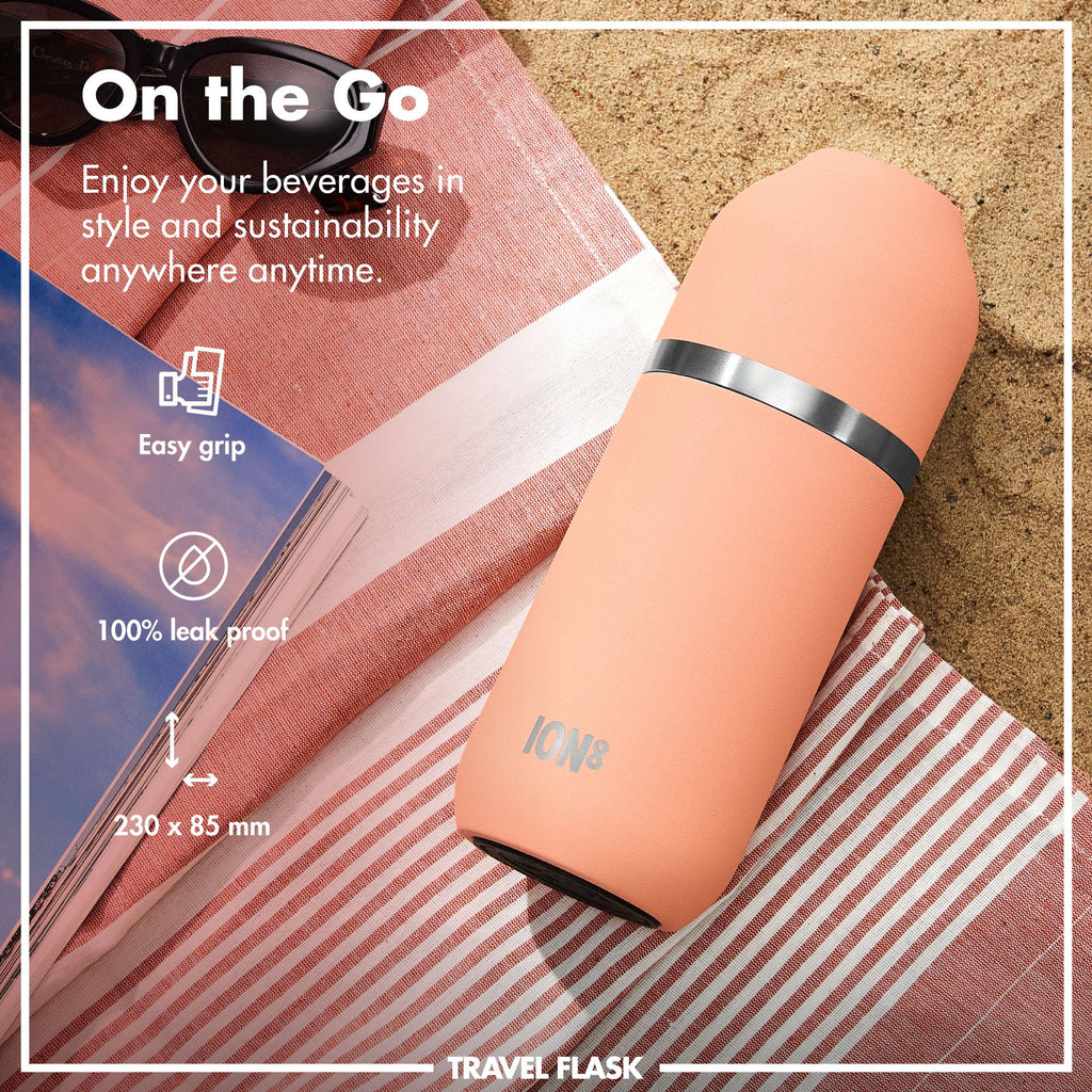 Ion8 Luma vacuum insulated flask and mug in coral, 700ml (24oz), with a sleek design and stainless steel construction.