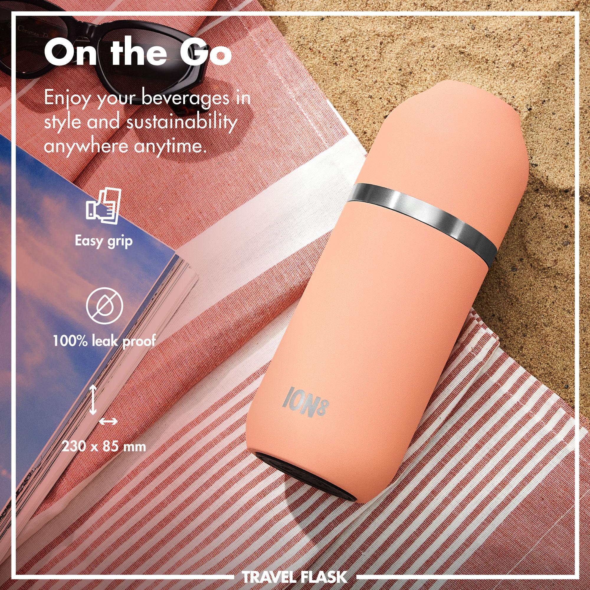 Ion8 Luma vacuum insulated flask and mug in coral, 700ml (24oz), with a sleek design and stainless steel construction.