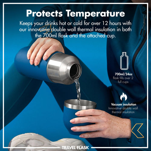 Ion8 Luma vacuum insulated flask and mug in deep teal, 700ml (24oz), showing a sleek, double-walled stainless steel design.