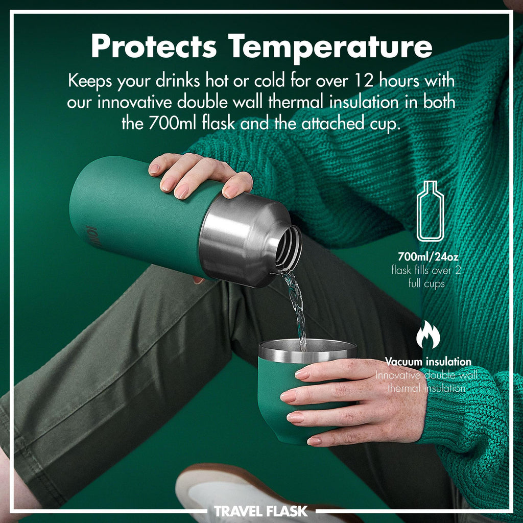 Green Luma vacuum-insulated flask and mug by ION8, 700ml (24oz) with a sleek design for hot and cold beverages.
