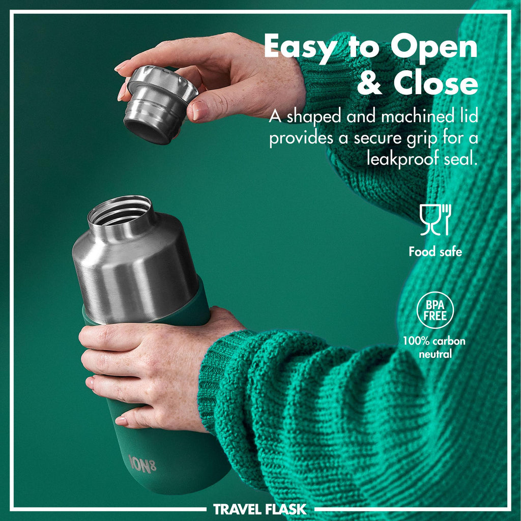Green ION8 Luma vacuum-insulated 700ml flask and mug set, durable stainless steel drink container with secure lid.