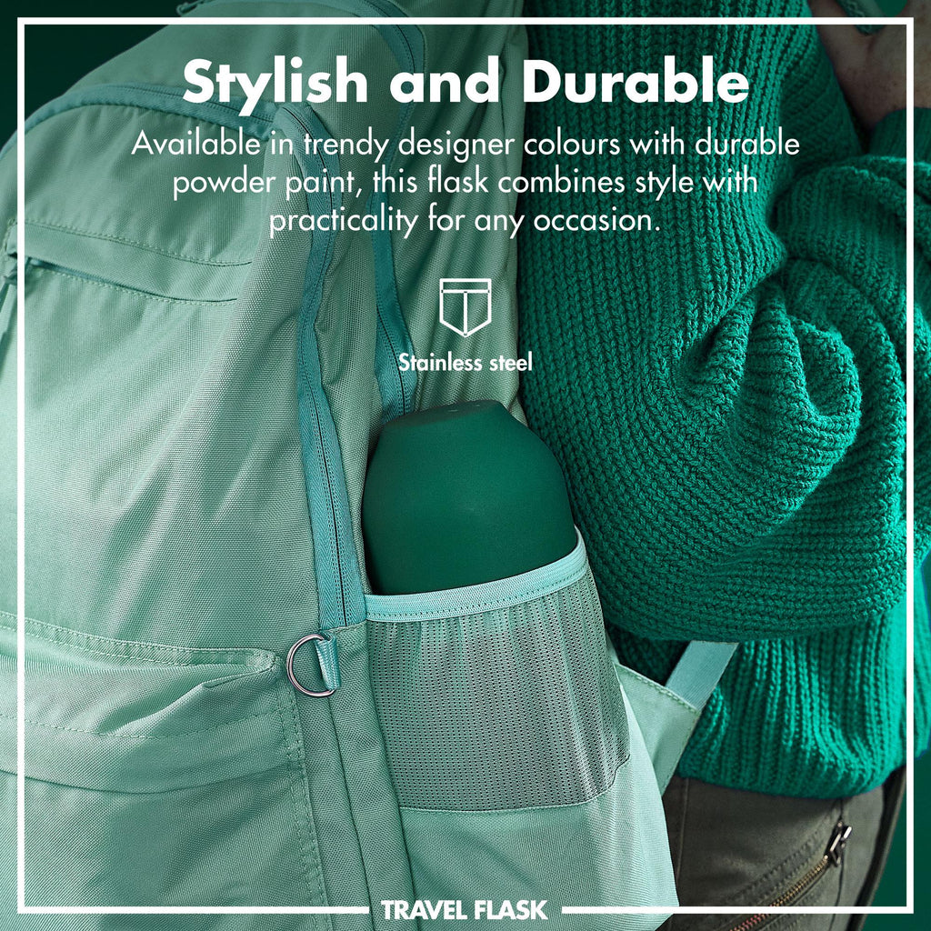 Green Luma vacuum insulated flask and mug by ION8, 700ml (24oz), showcasing the sleek, durable design with a secure lid.