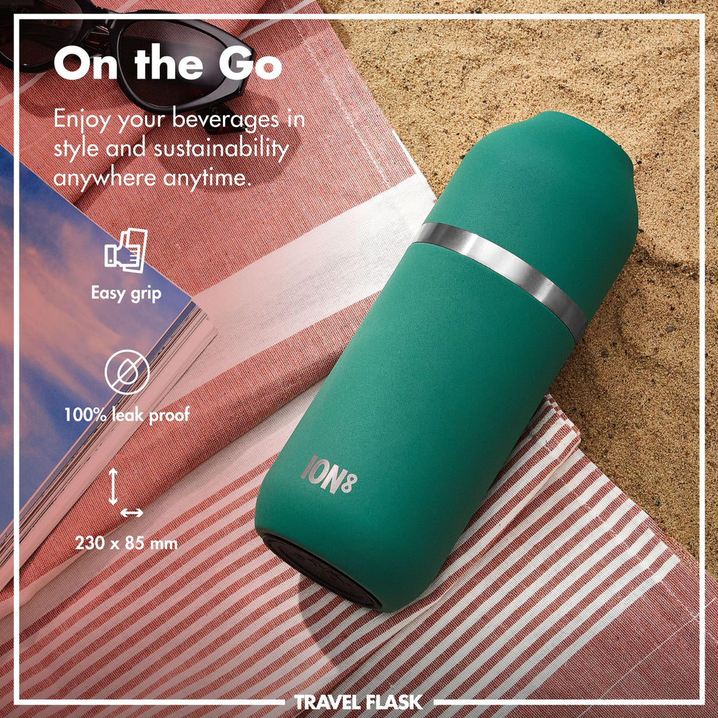 Green Luma vacuum insulated flask and mug by ION8, 700ml (24oz), showing the sleek, double-walled stainless steel design.