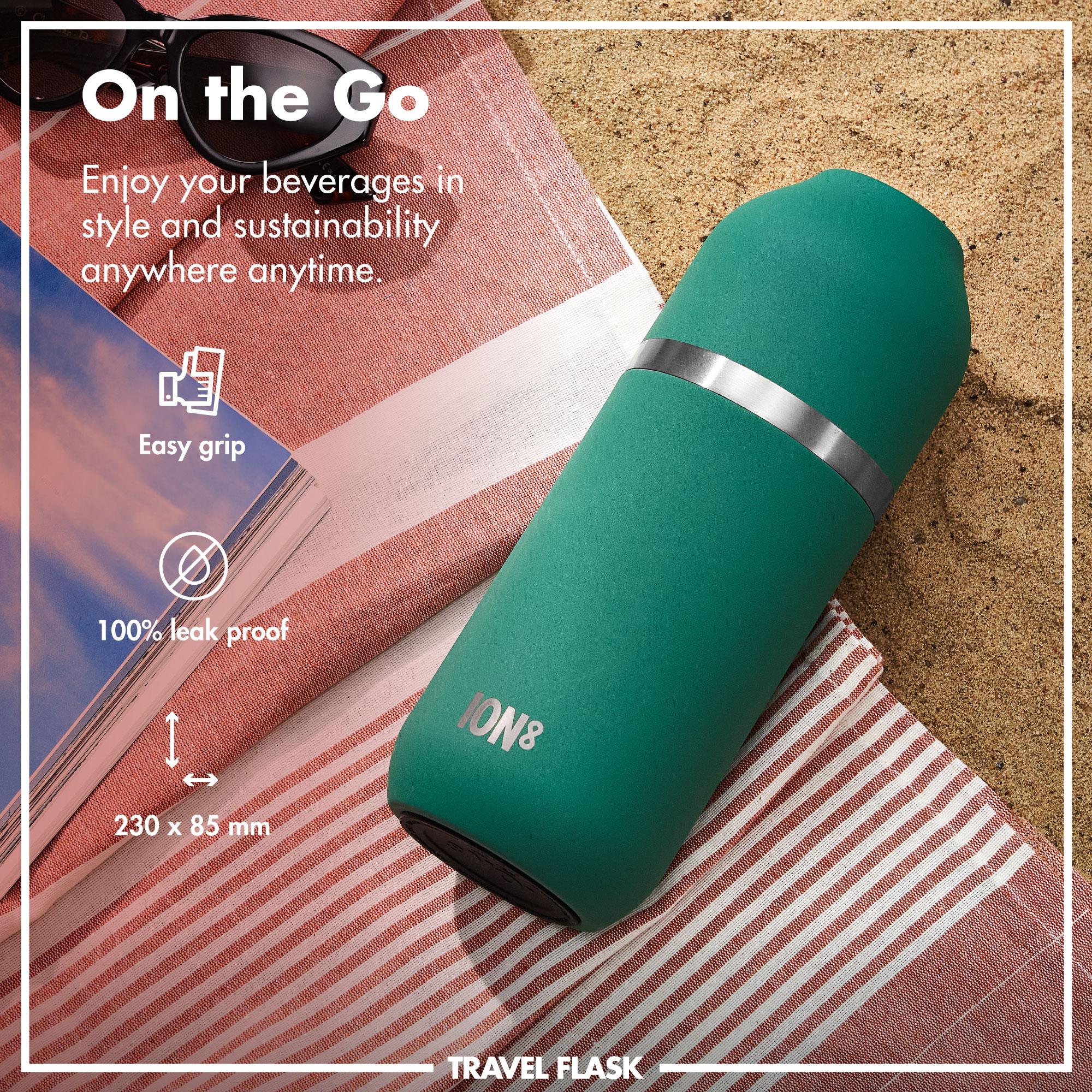 Green Luma vacuum insulated flask and mug by ION8, 700ml (24oz), showing the sleek, double-walled stainless steel design.