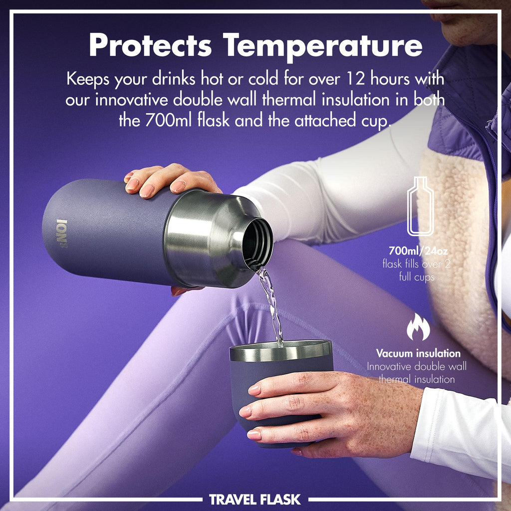 Purple ION8 Luma vacuum insulated flask and mug set, 700ml (24oz), with double-wall stainless steel construction and leak-proof design.