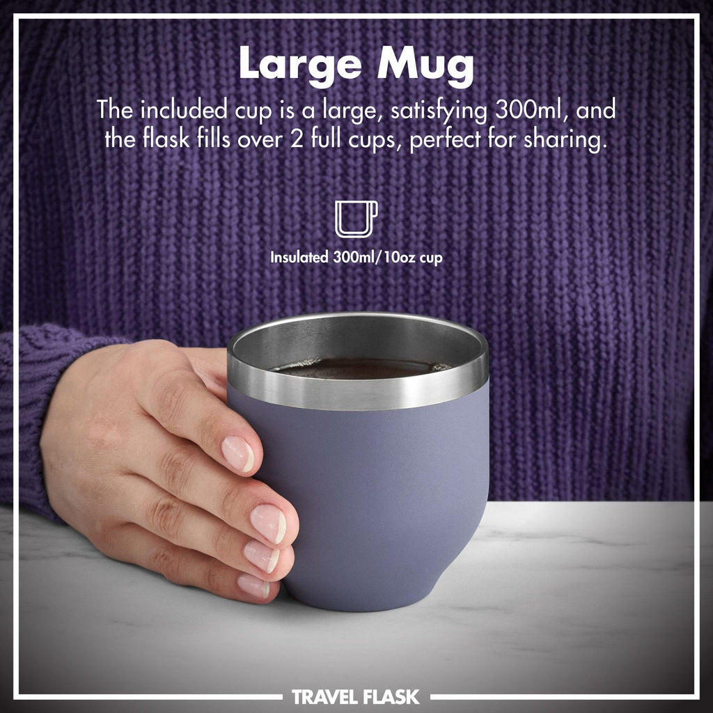 Ion8 Luma vacuum-insulated purple flask and mug set, 700ml (24oz) with sleek design and durable stainless steel construction.