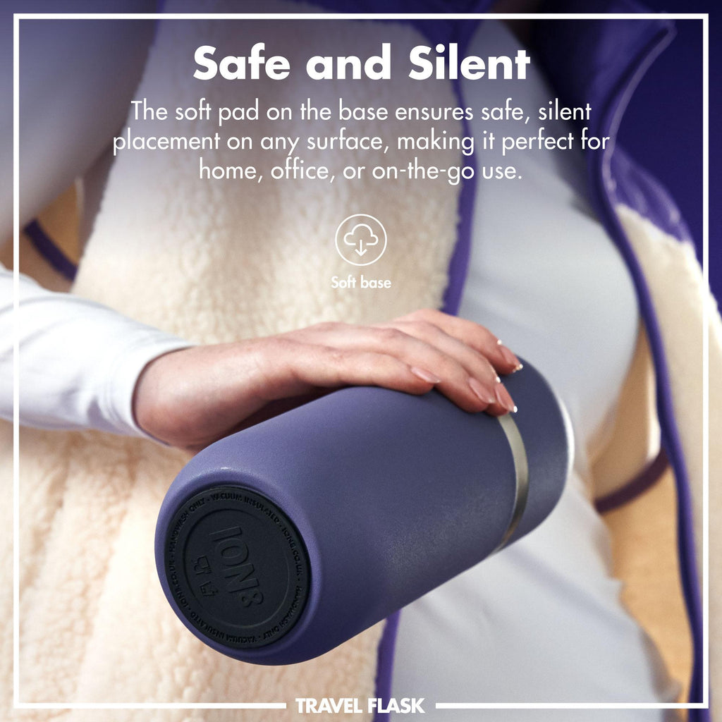 Purple Luma vacuum insulated flask and mug by ION8, 700ml (24oz), designed for hot and cold beverages, shown with a lid and mug.