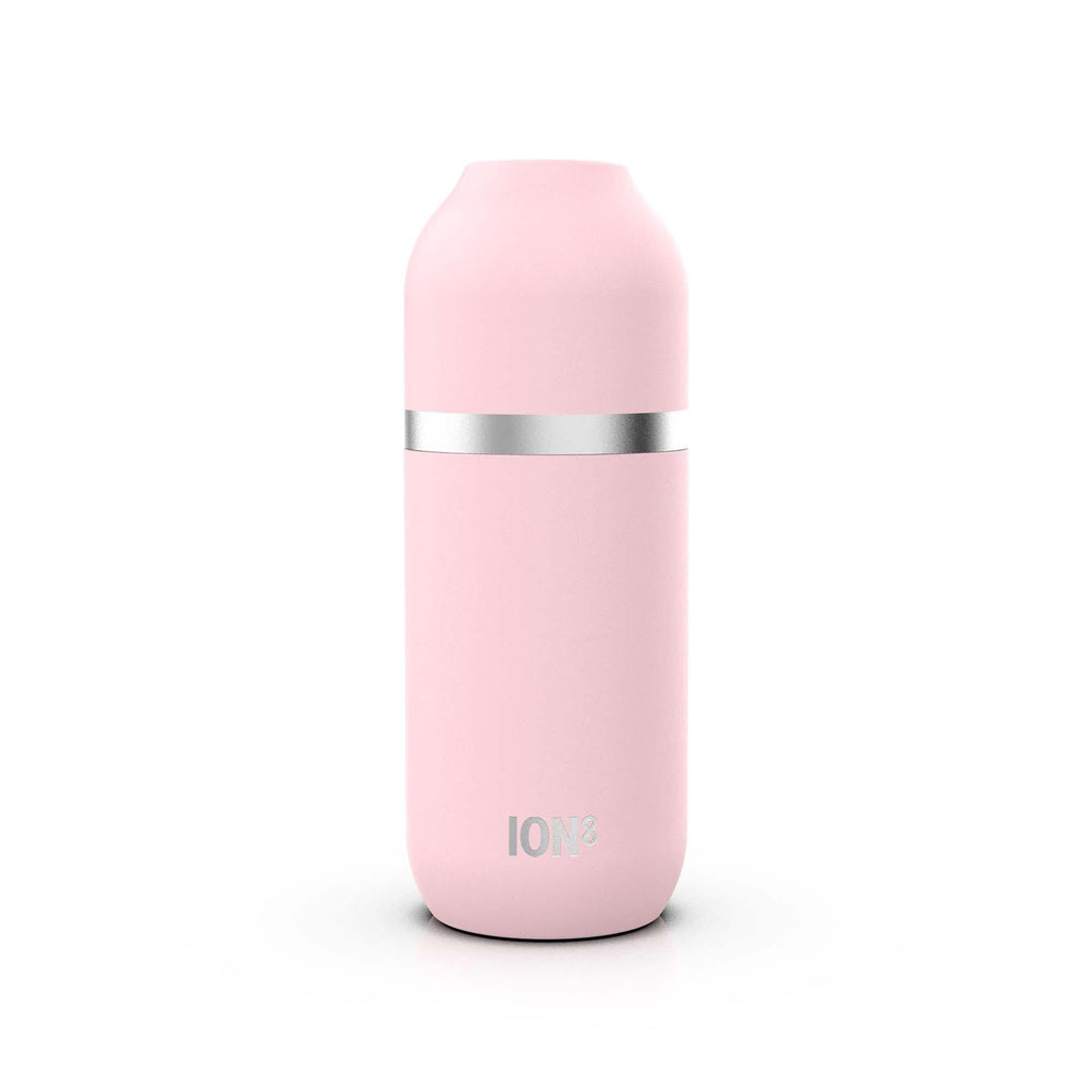 ION8 Luma vacuum insulated flask and mug in rose quartz, 700ml (24oz), with sleek stainless steel design and ergonomic handle.