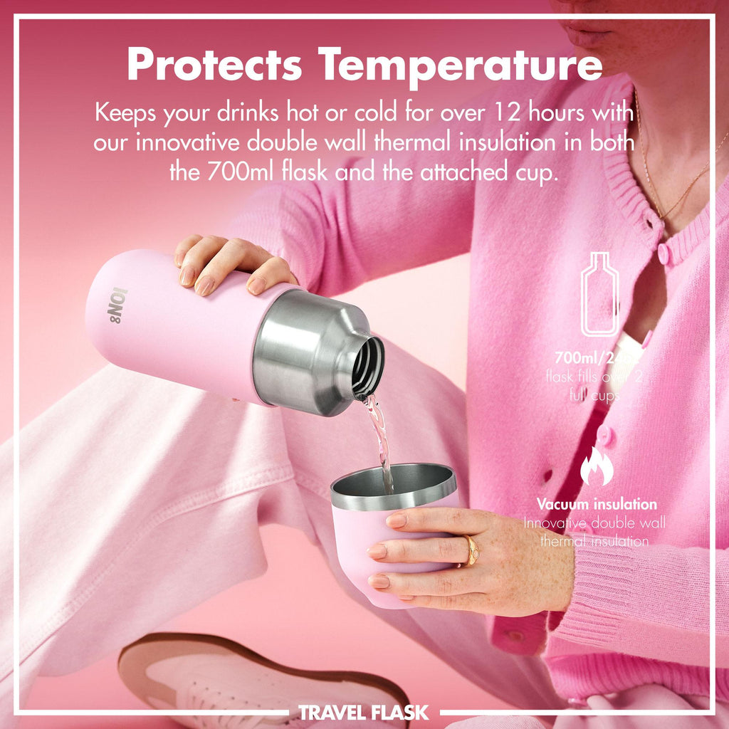 ION8 Luma vacuum insulated flask and mug in Rose Quartz, 700ml, showcasing sleek design and double-walled stainless steel construction.