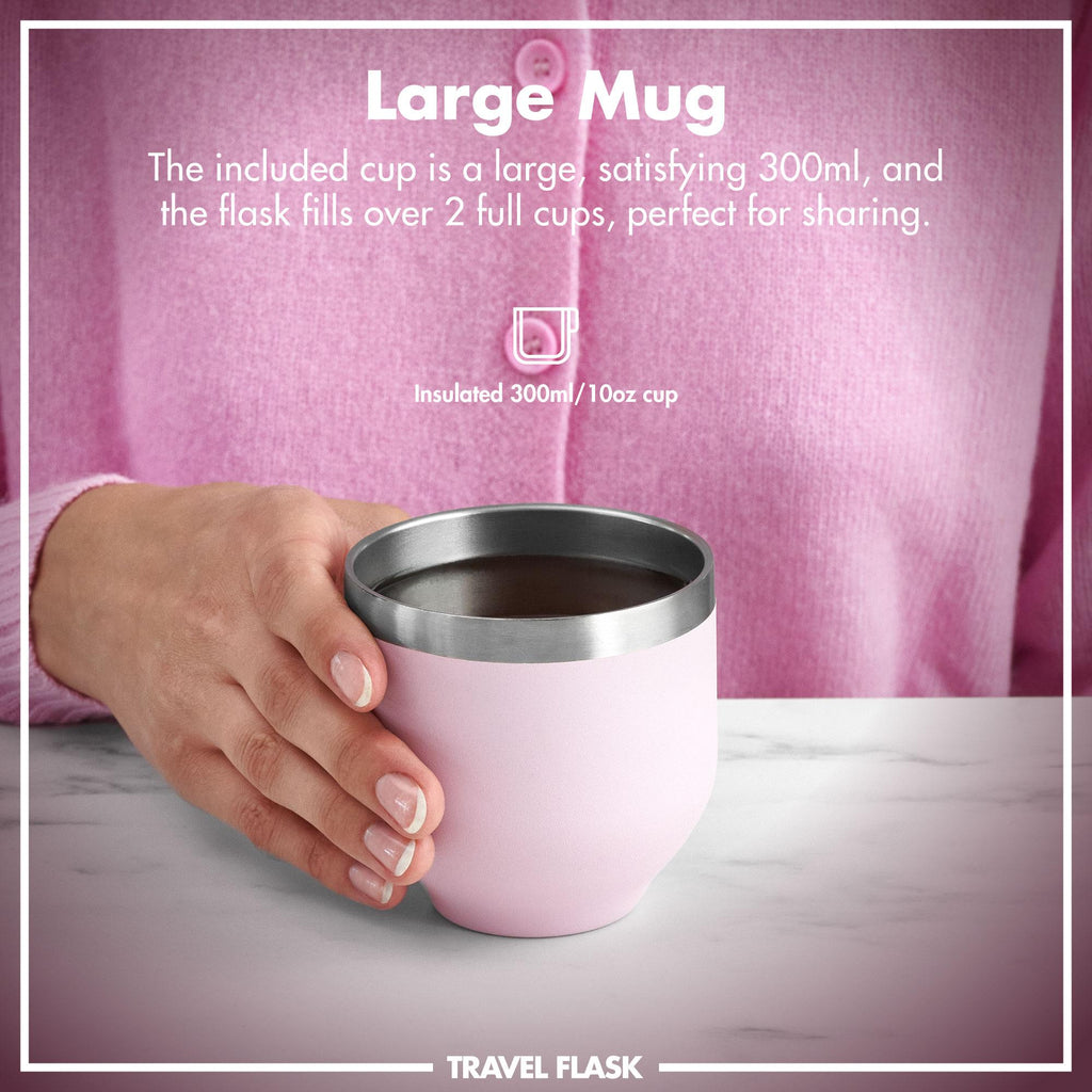 Ion8 Luma vacuum insulated flask and mug in rose quartz, 700ml (24oz), with sleek stainless steel design and secure lid.