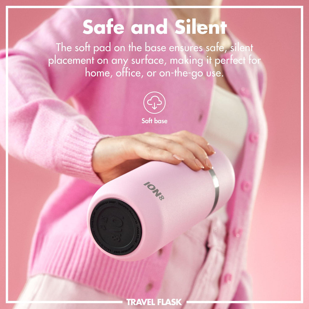 Ion8 Luma vacuum insulated 700ml rose quartz flask and mug set, durable stainless steel with sleek design and leak-proof lid.