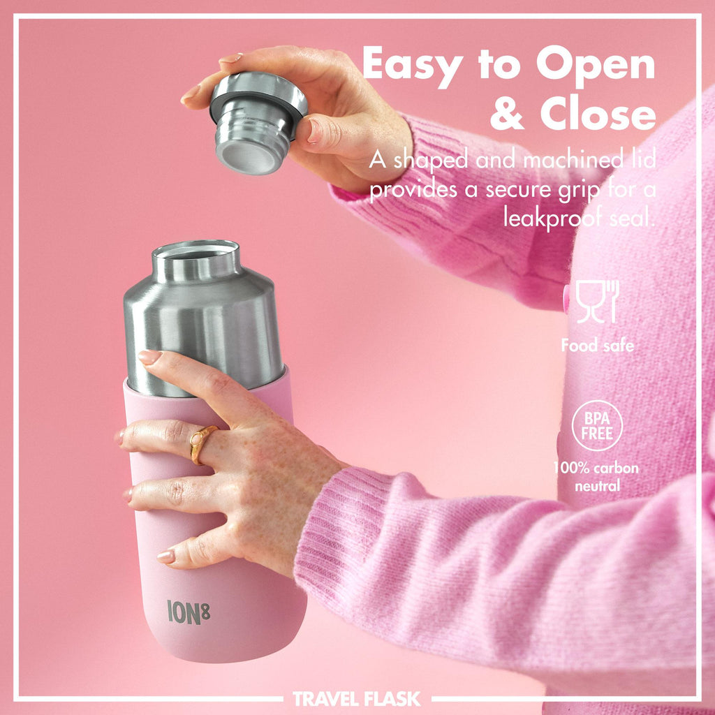 Ion8 Luma vacuum-insulated flask and mug in Rose Quartz, 700ml (24oz), with sleek design and secure lid for hot or cold beverages.