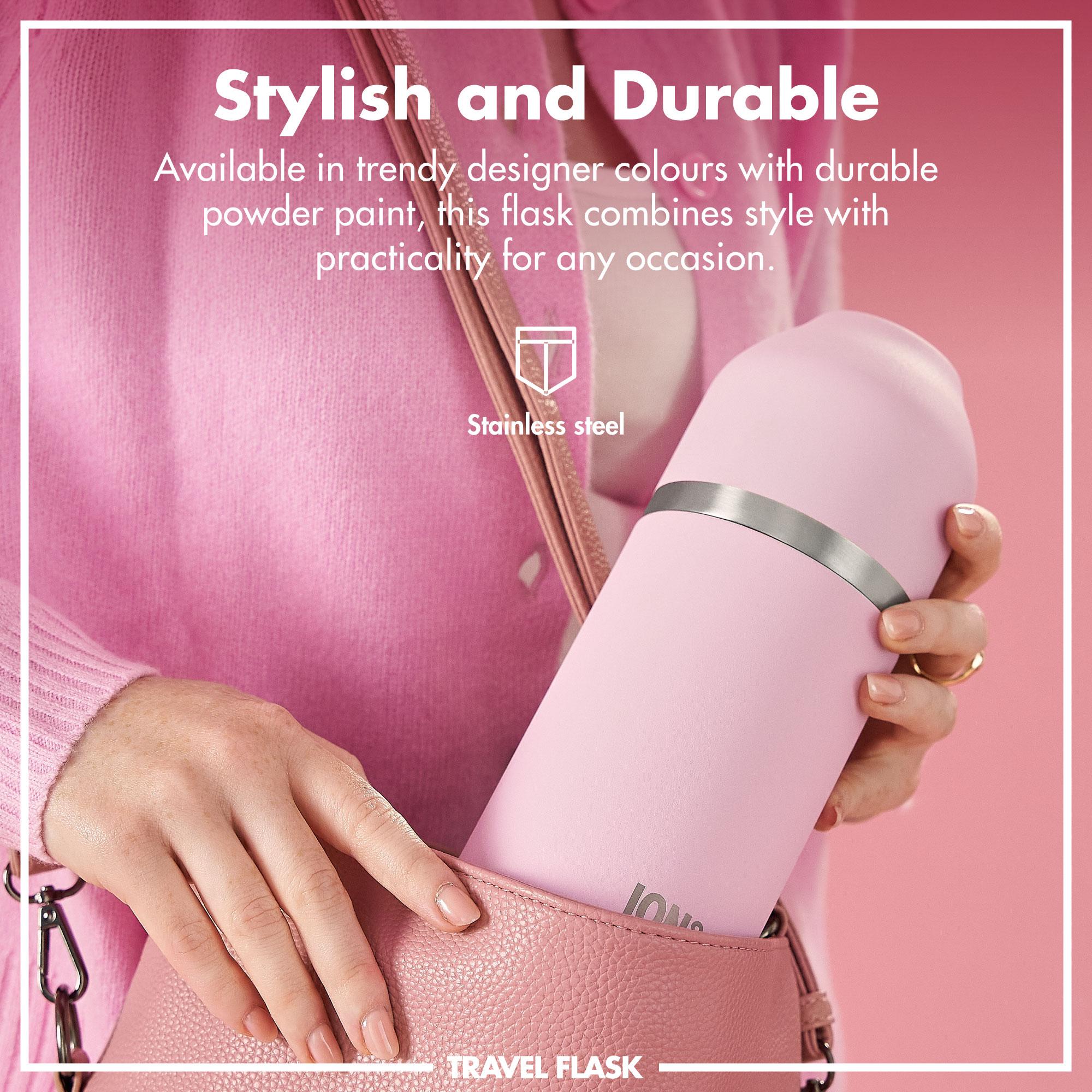 Ion8 Luma vacuum insulated flask and mug set in Rose Quartz, 700ml (24oz), with sleek design and double-wall insulation.