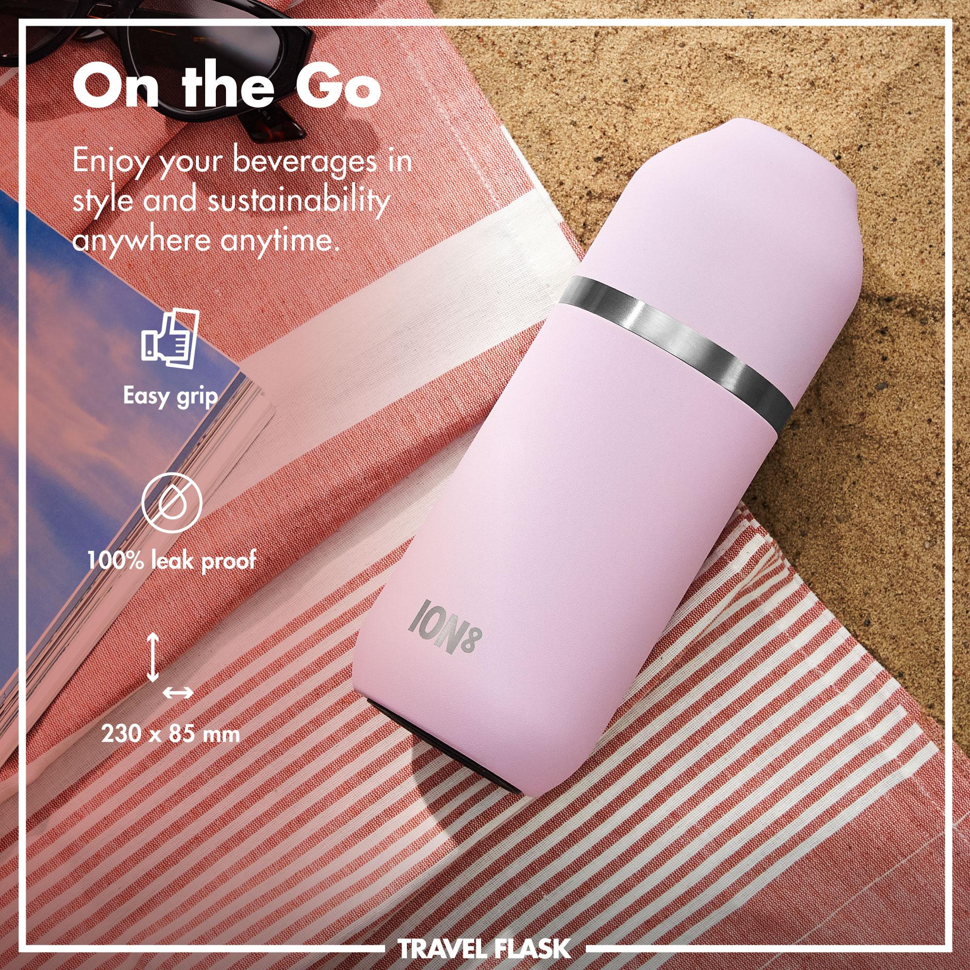 ION8 Luma vacuum insulated flask and mug in Rose Quartz, 700ml (24oz), stainless steel drink container with leak-proof lid