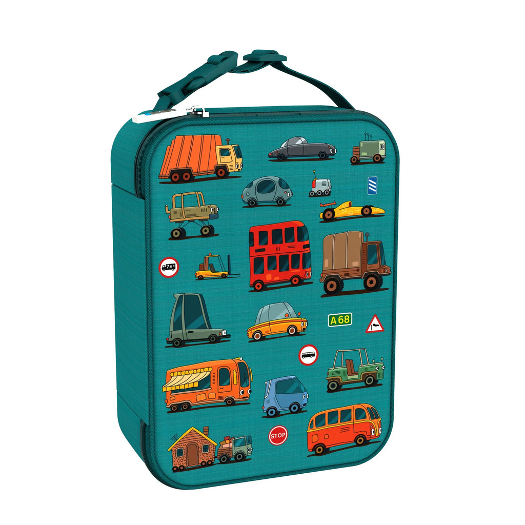 Insulated kids lunch bag with automobile design from ION8, medium size perfect for children’s lunchtime.