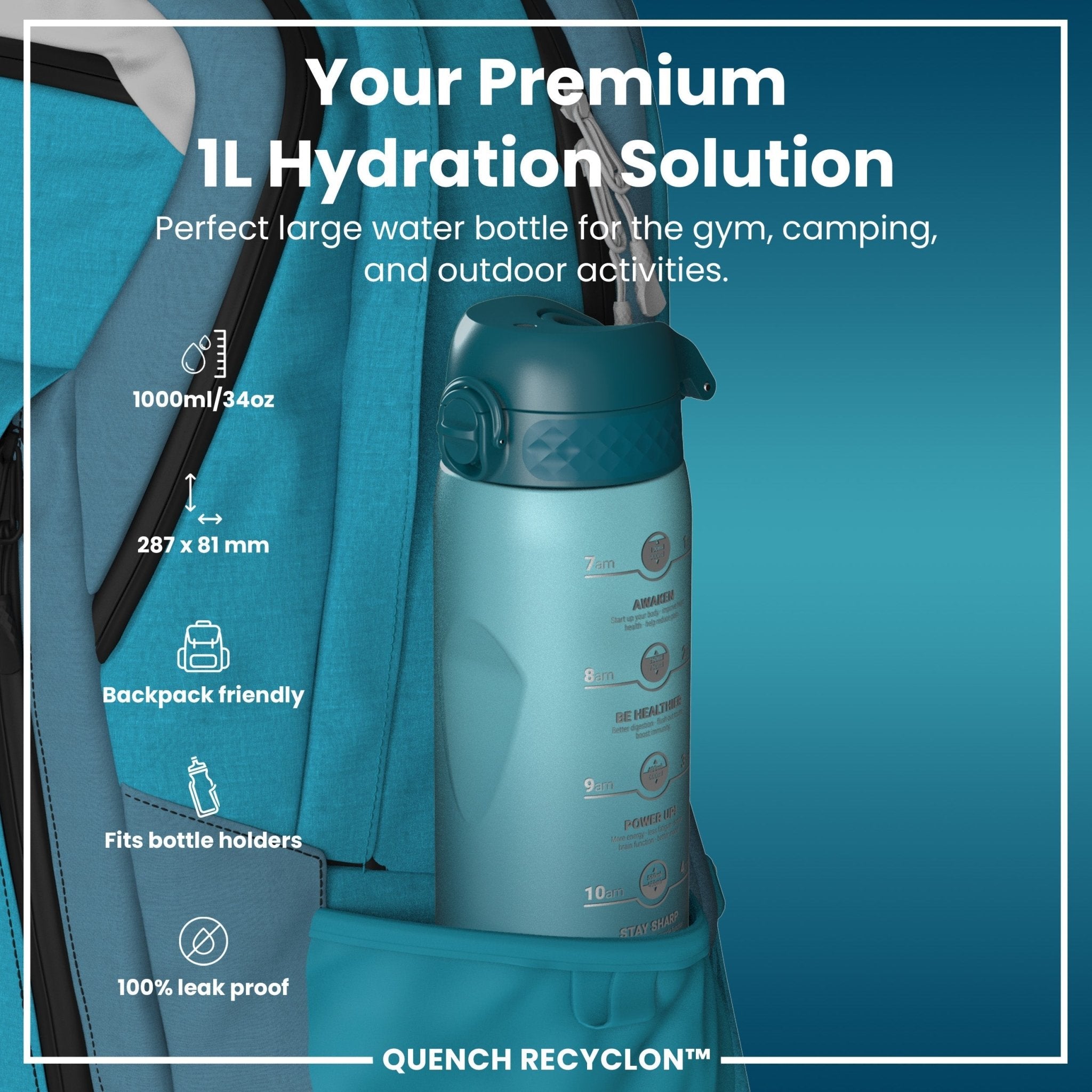 Ion8 Recyclon 1L leak-proof water bottle in teal and blue with time markers for hydration tracking.