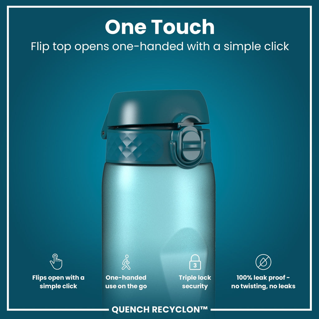 ION8 Recyclon 1L leak-proof water bottle with time markings in teal and blue, designed for easy hydration on the go.