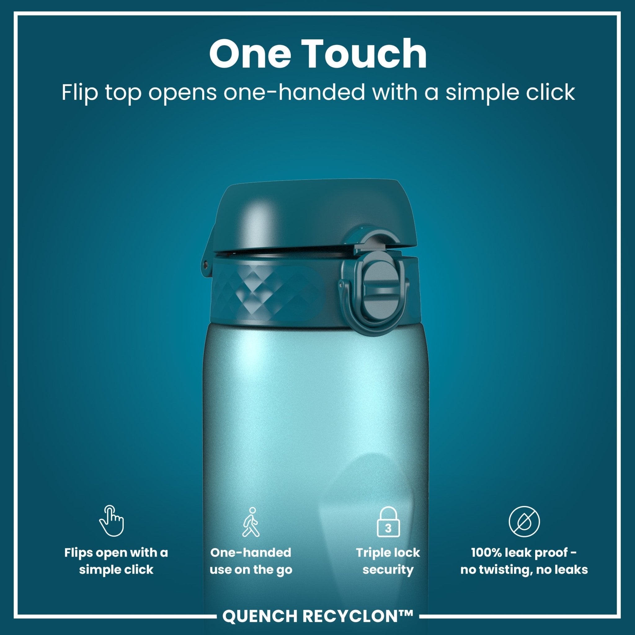 ION8 Recyclon 1L leak-proof water bottle with time markings in teal and blue, designed for easy hydration on the go.