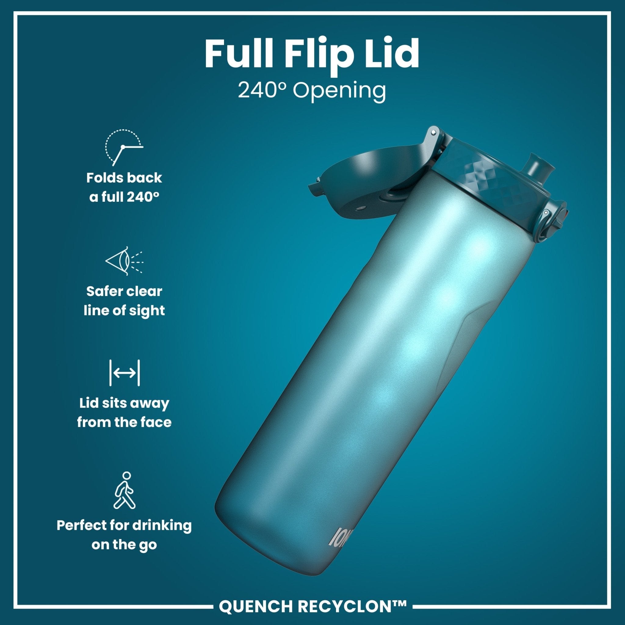 ION8 Recyclon 1L leak-proof water bottle in teal and blue with time markers for hydration reminders.