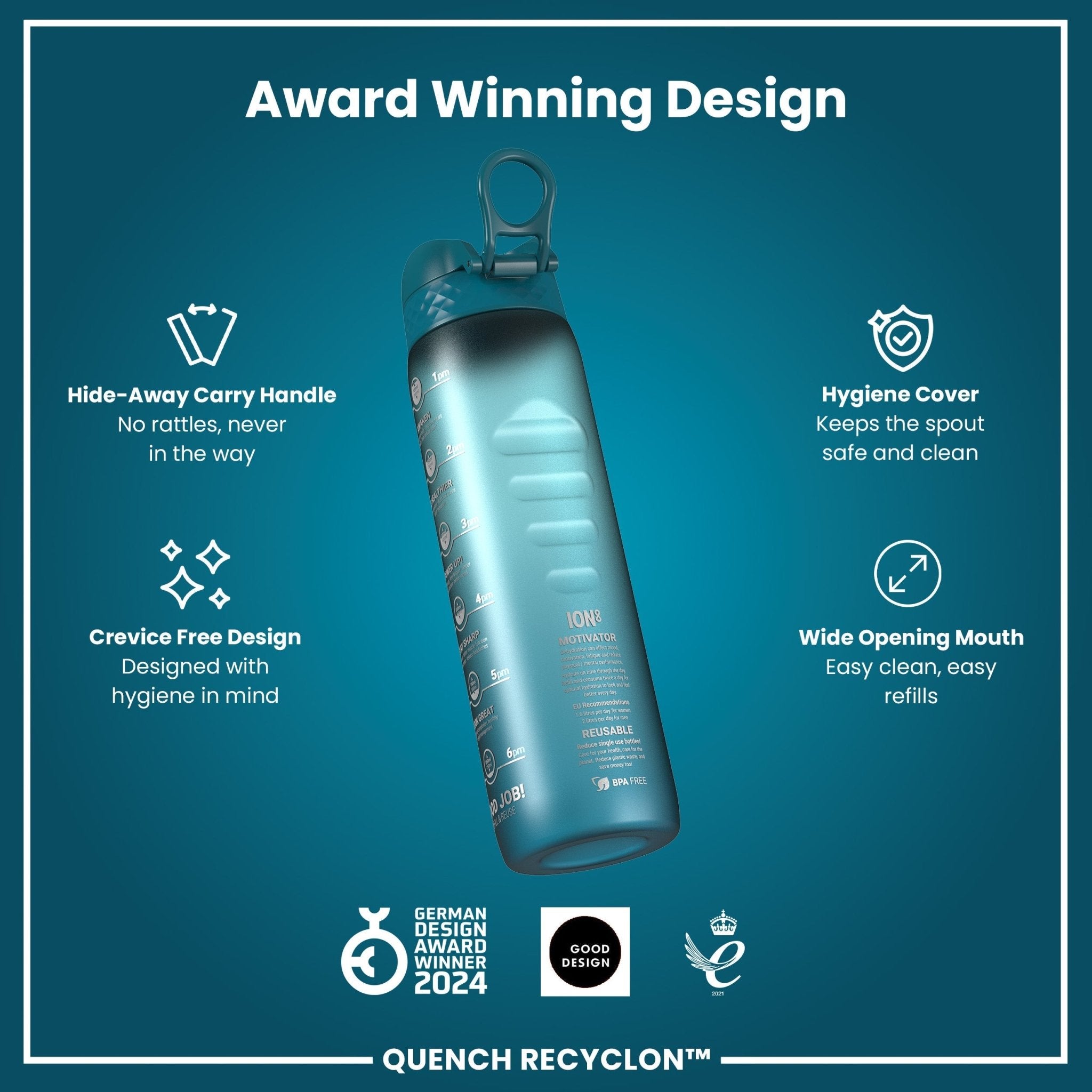 Ion8 Recyclon 1L leak-proof water bottle in teal and blue with time markers for hydration, made of durable, recyclable material.