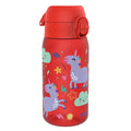 Recyclon kids water bottle by ION8 in red with unicorn design, leak-proof, 350ml capacity, suitable for children