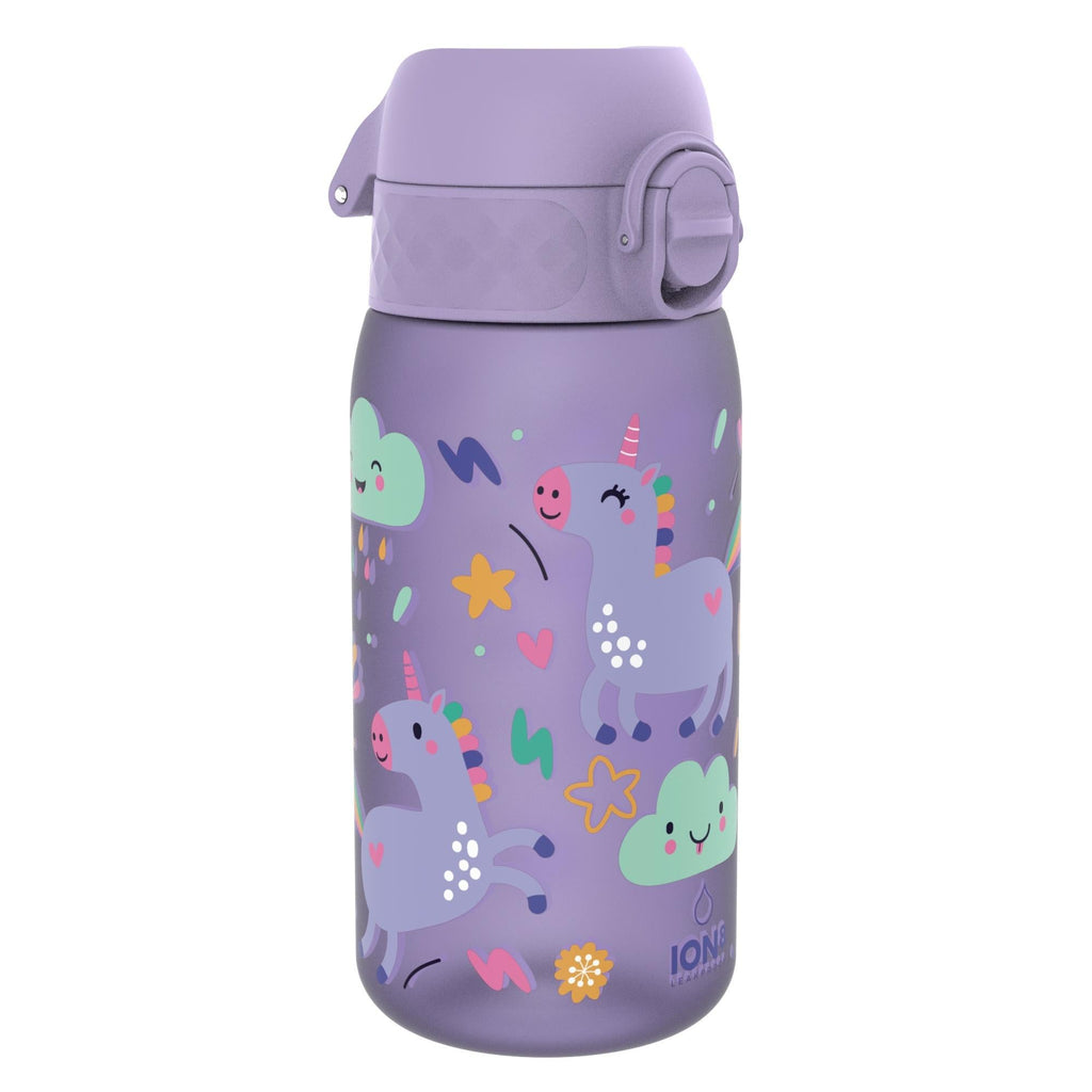 Recyclon ION8 leak-proof kids water bottle with purple unicorns design, 350ml capacity, made for children.