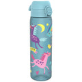 Recyclon leak-proof slim water bottle by ION8 in blue with unicorns, 500ml (18oz) reusable water bottle on white background.