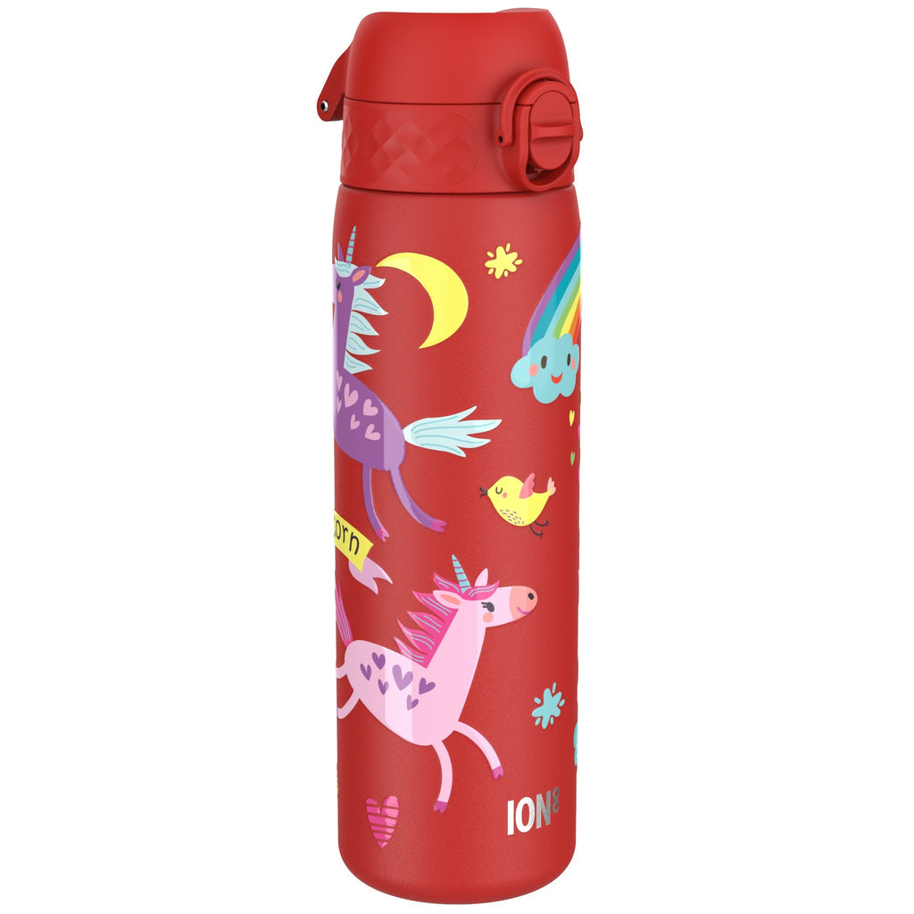 Red unicorns leak-proof slim stainless steel water bottle by ION8, 600ml (20oz), with a sleek design and secure lid.