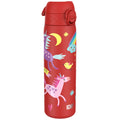 Red unicorns leak-proof slim stainless steel water bottle by ION8, 600ml (20oz), with a sleek design and secure lid.