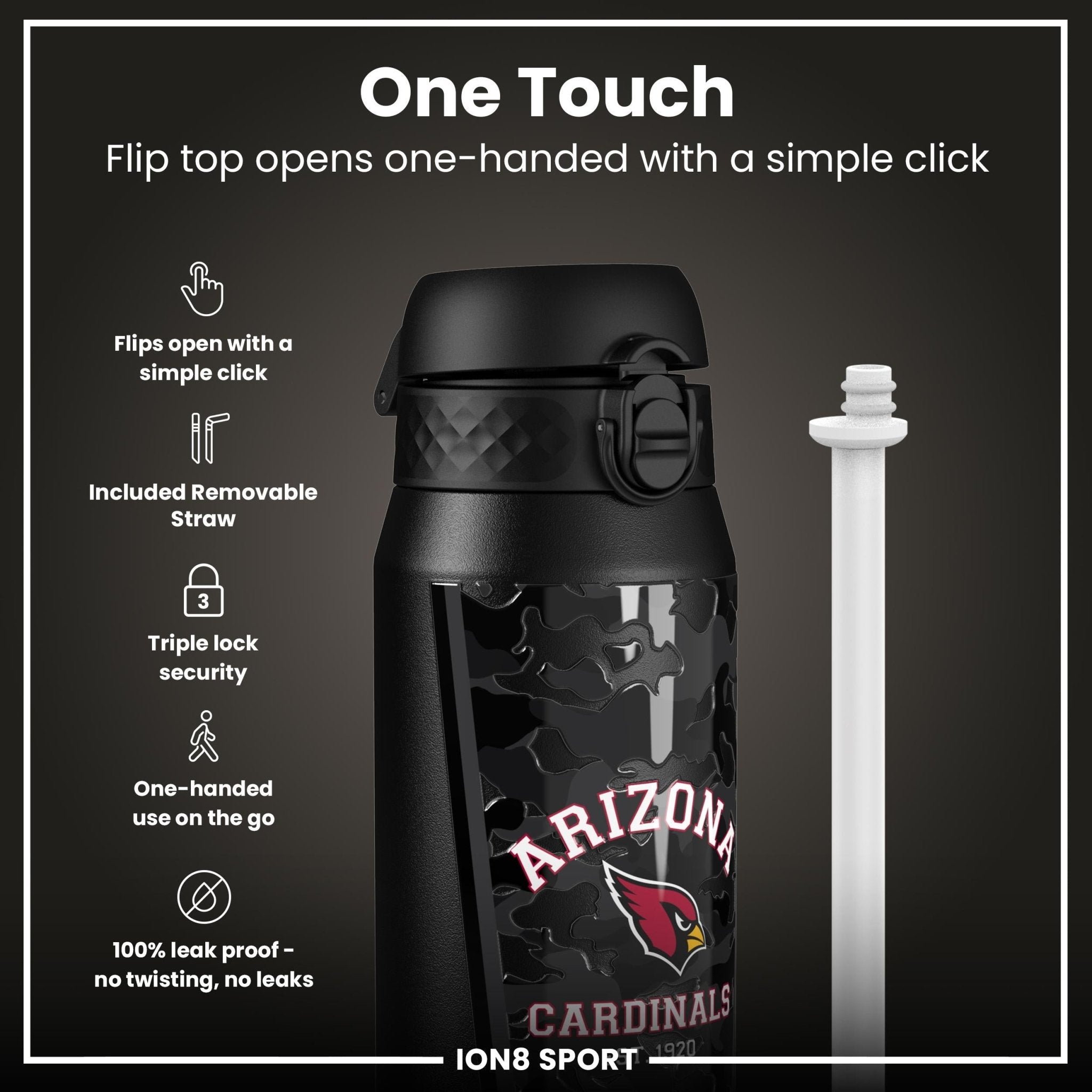 ION8 NFL Cardinals insulated steel water bottle, 750ml (24oz), durable sports water bottle with team logo and leak-proof lid