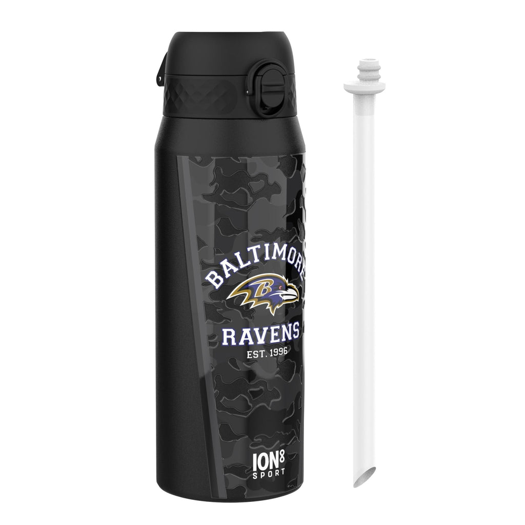 ION8 NFL Ravens insulated steel water bottle, 750ml, with Ravens logo and stainless steel design, perfect for staying hydrated.